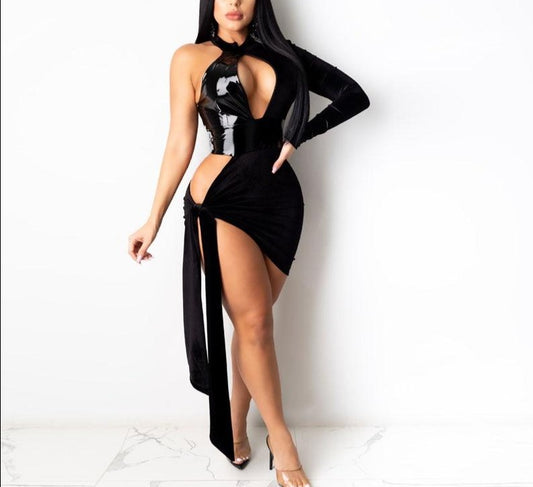 Black Pu Leather Cut Out Velvet Mini Dress