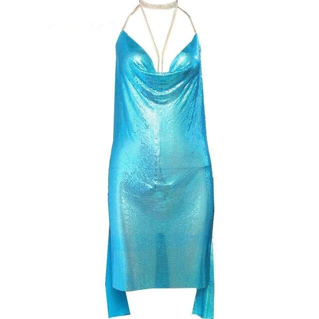 Metallic Ice Deep V Neck Halter Backless Dresses