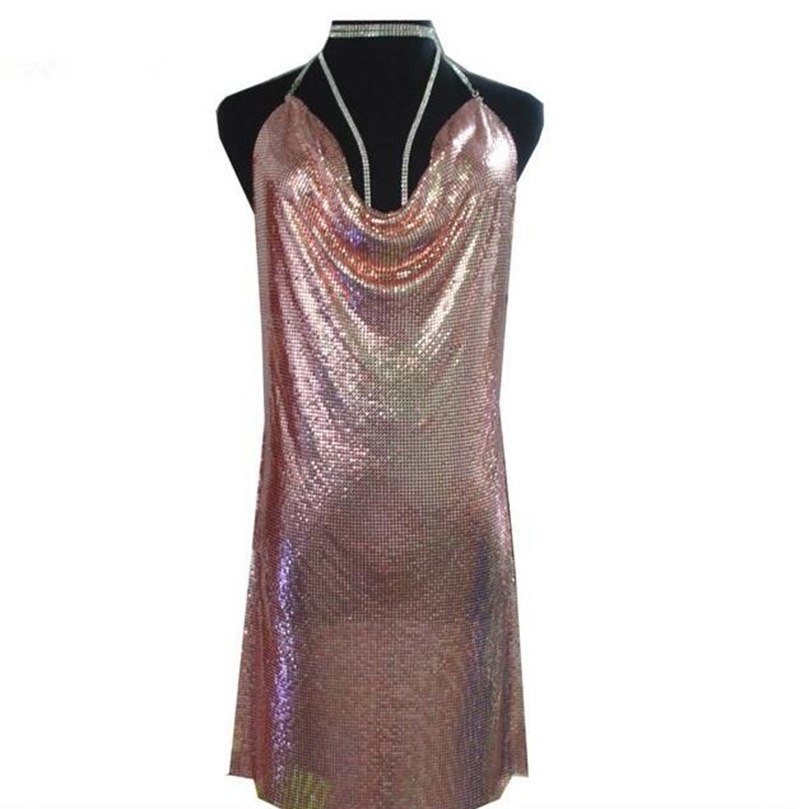 Metallic Ice Deep V Neck Halter Backless Dresses