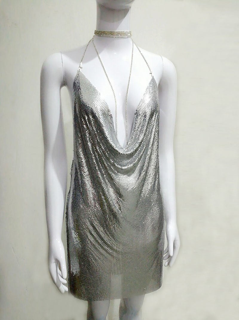 Metallic Ice Deep V Neck Halter Backless Dresses