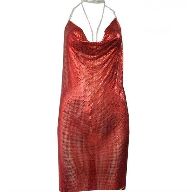Metallic Ice Deep V Neck Halter Backless Dresses