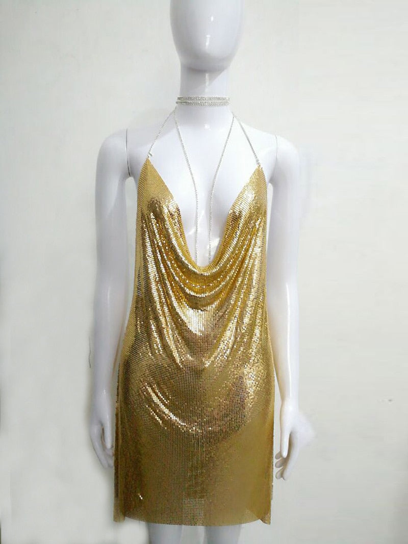Metallic Ice Deep V Neck Halter Backless Dresses