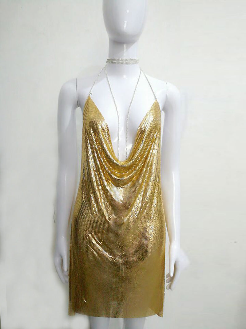 Metallic Ice Deep V Neck Halter Backless Dresses