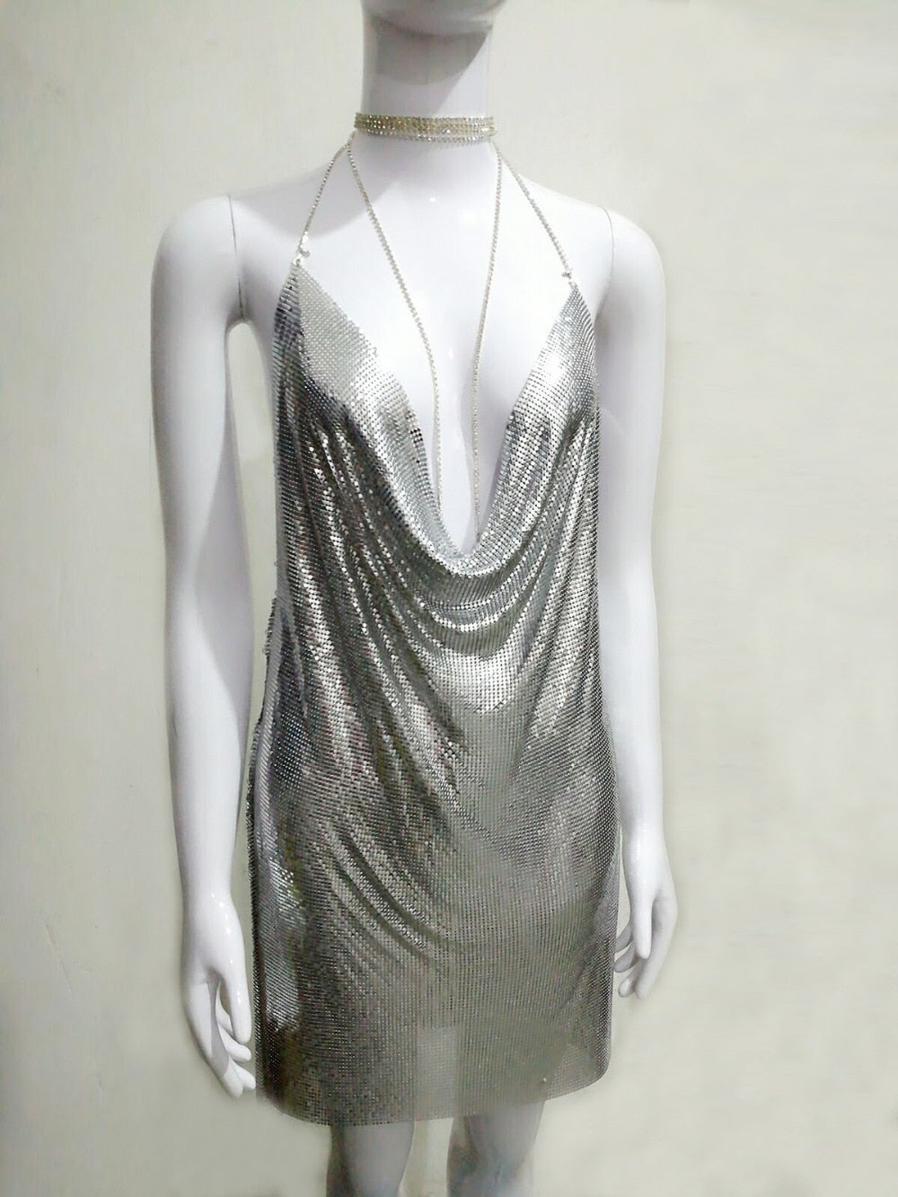 Metallic Ice Deep V Neck Halter Backless Dresses