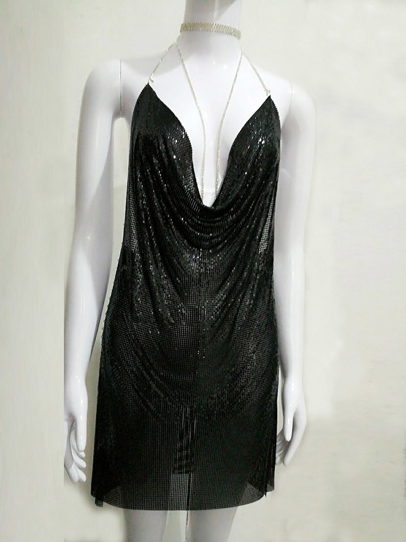 Metallic Ice Deep V Neck Halter Backless Dresses