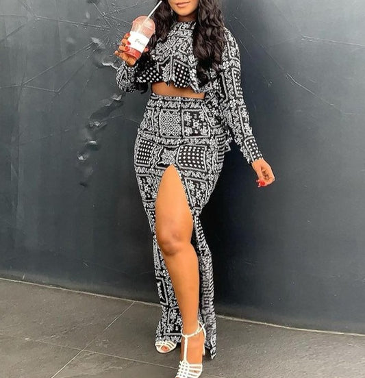 Geo Print Loose Crop & Slit Maxi Skirt
