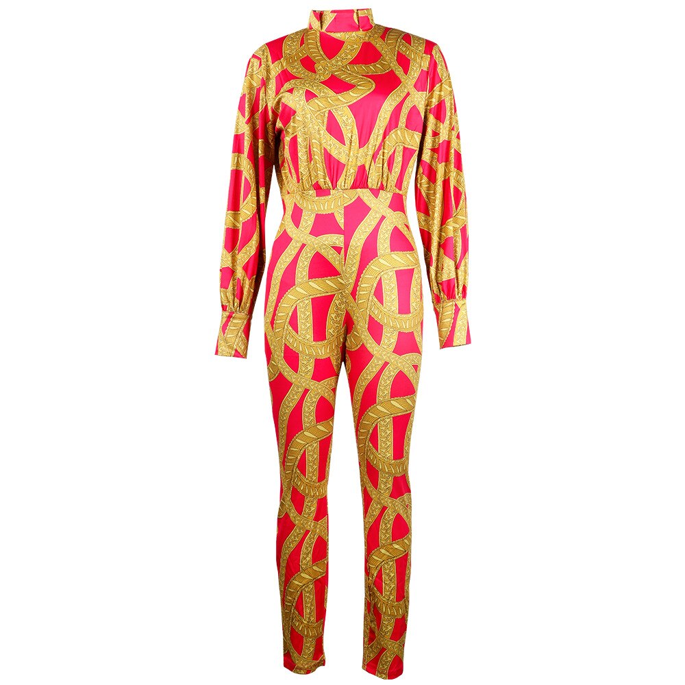 Vintage Geometric Print Puff Sleeve Jumpsuits