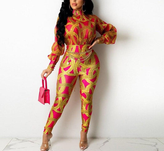 Vintage Geometric Print Puff Sleeve Jumpsuits