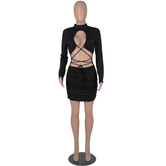 Hollow Lace-Up Belly Long Sleeve Mini Dress
