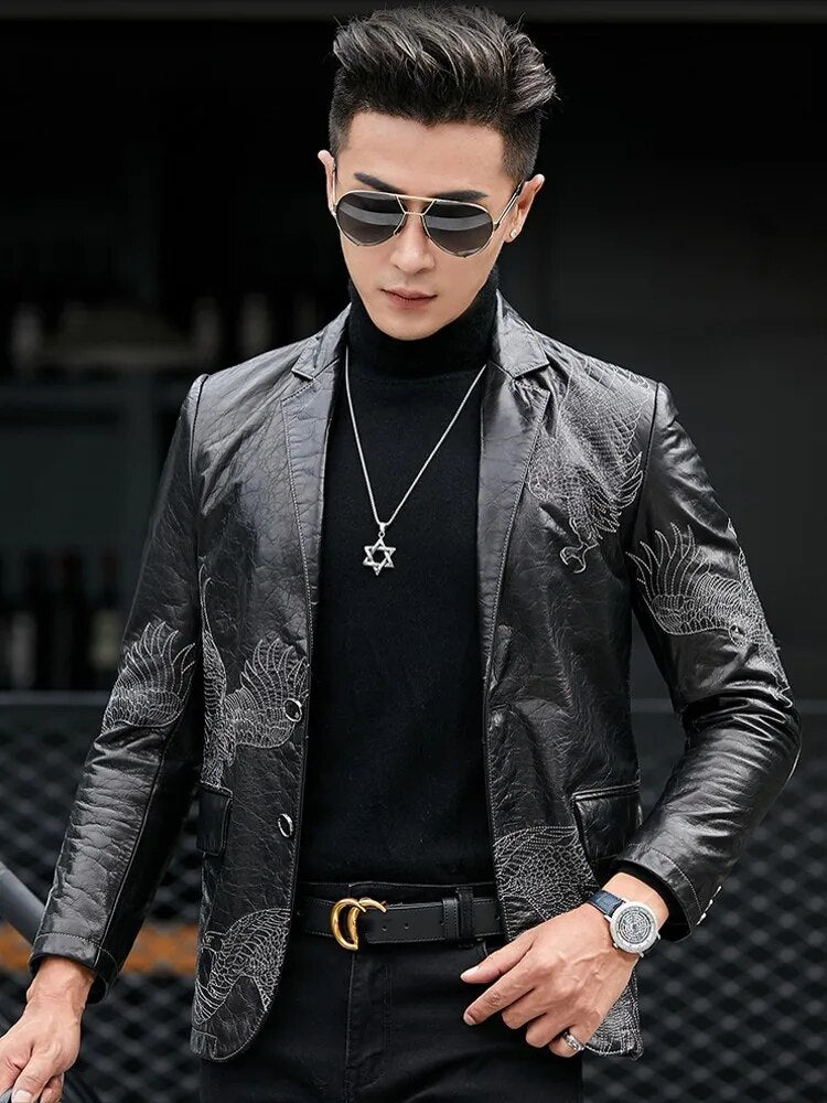 Genuine Leather Eagle Embroidery Blazer Jacket Slim Fit