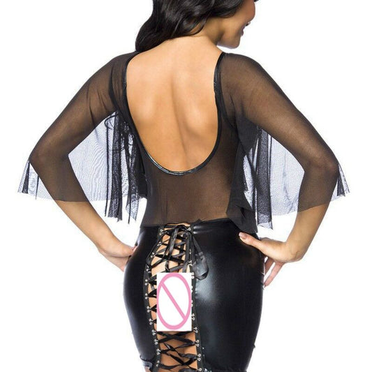 Mesh Half Sleeve Top with PU Leather Back Lace Black Mini Dress