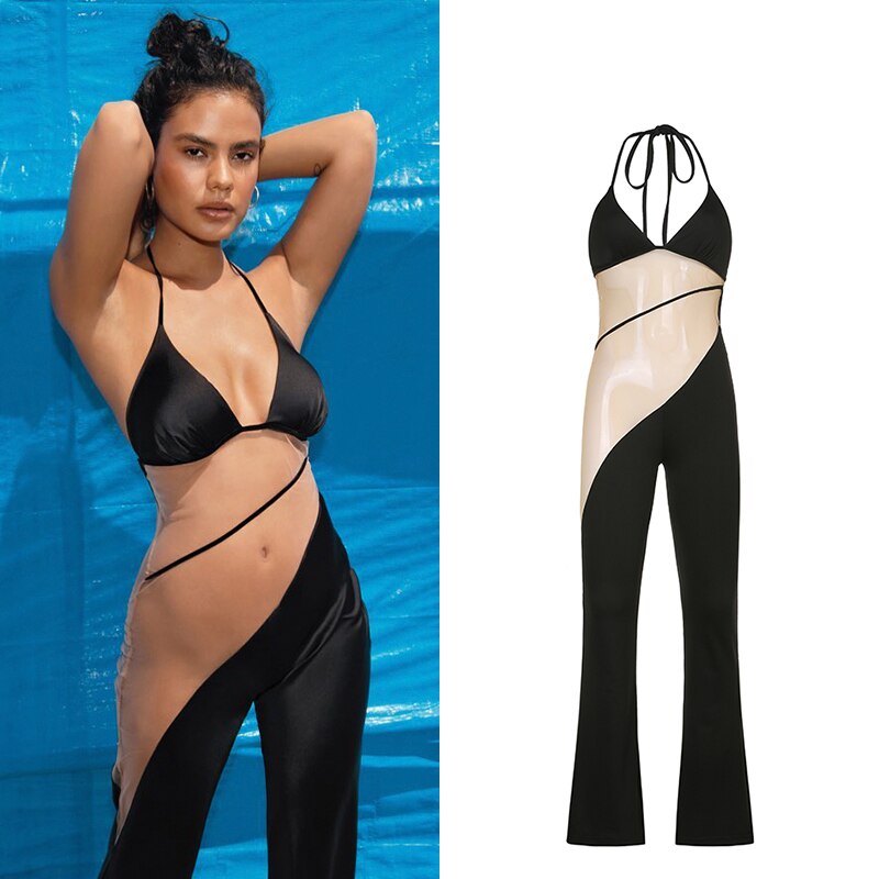 Sleeveless Halter Mesh Backless Jumpsuit & Romper