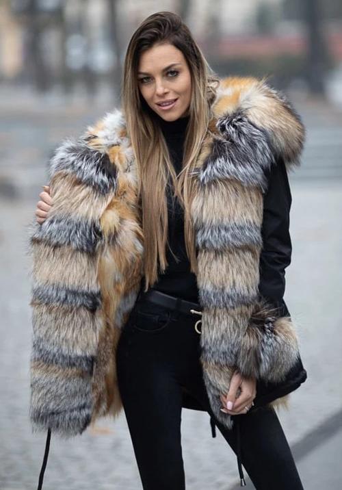 Black Rex and Silver Fox Fur Pelt Collar Parka Coats