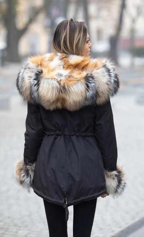 Black Rex and Silver Fox Fur Pelt Collar Parka Coats