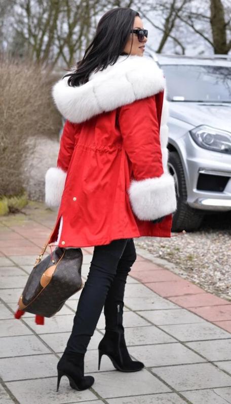 White Fox Fur Collar Parka Red Coat