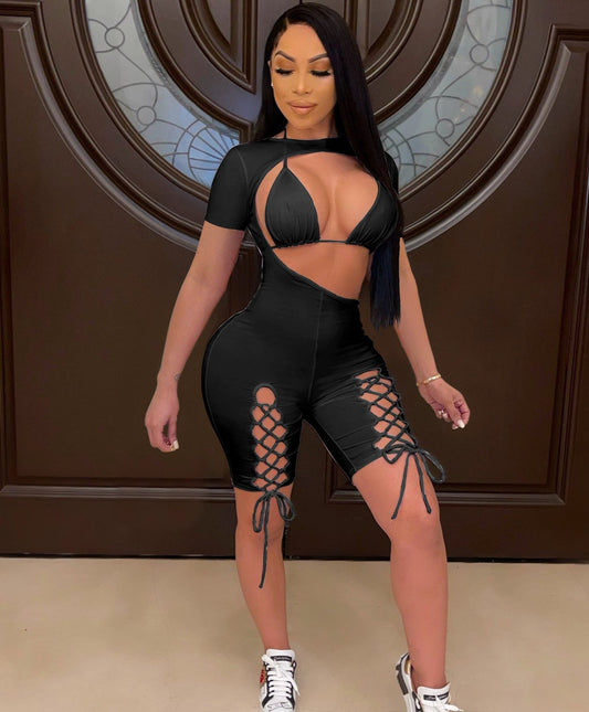 Cut Out Bra Lace Up Short Sleeve Rompers