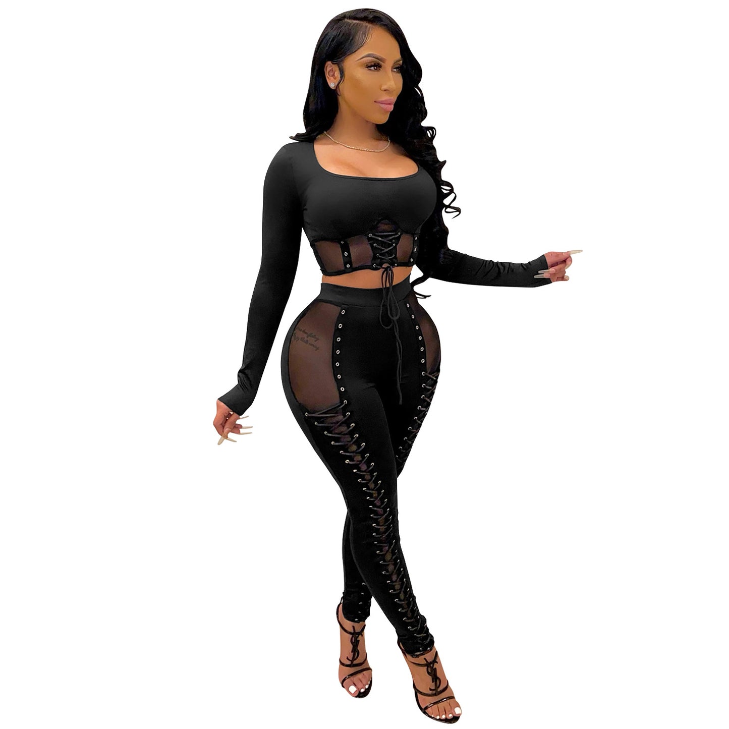 Mesh Lace Up Crop Top & Legging Sets