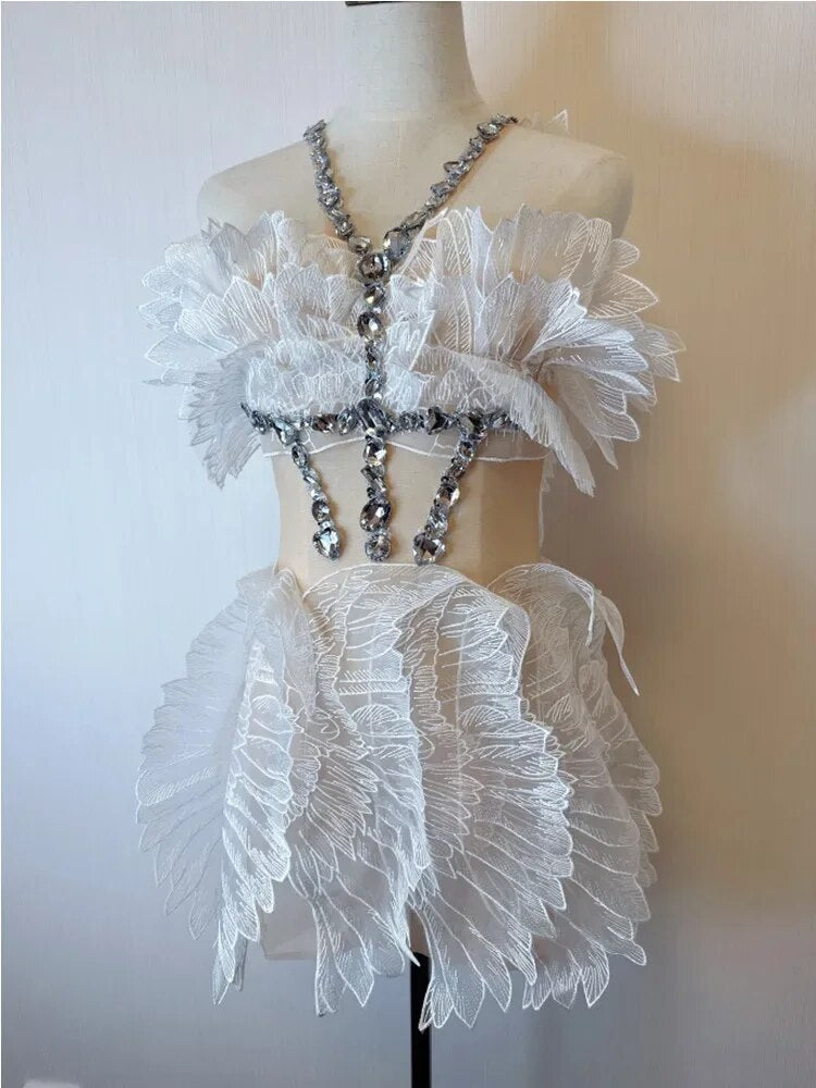 Crystal Wing Feather Mesh Crystal Mini Dresses