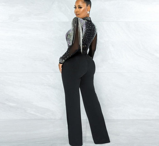 Rhinestone Mesh Shoulder Tassel Jumpsuits