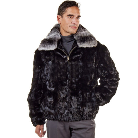 Real Mink Fur Bomber Fox Fur Collar Black