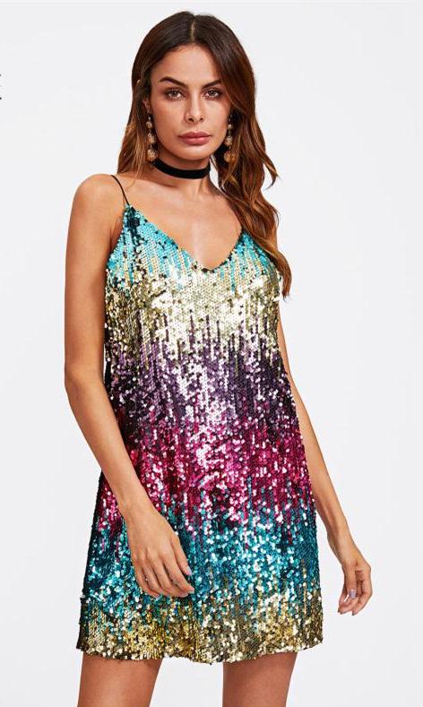 Colorful Sequin Sleeveless V Neck Loose Mini Dress