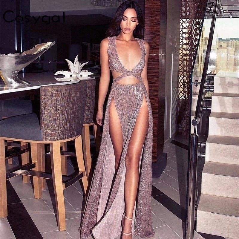 Sequin V Neck Tank Hollow Belly High Split Maxi Dresses
