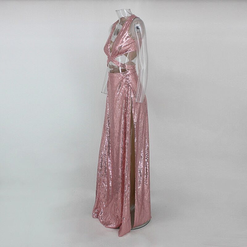 Sequin V Neck Tank Hollow Belly High Split Maxi Dresses