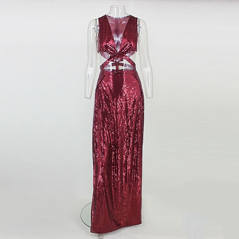 Sequin V Neck Tank Hollow Belly High Split Maxi Dresses