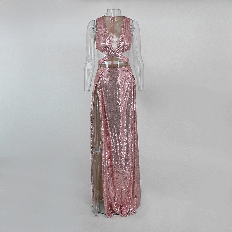 Sequin V Neck Tank Hollow Belly High Split Maxi Dresses