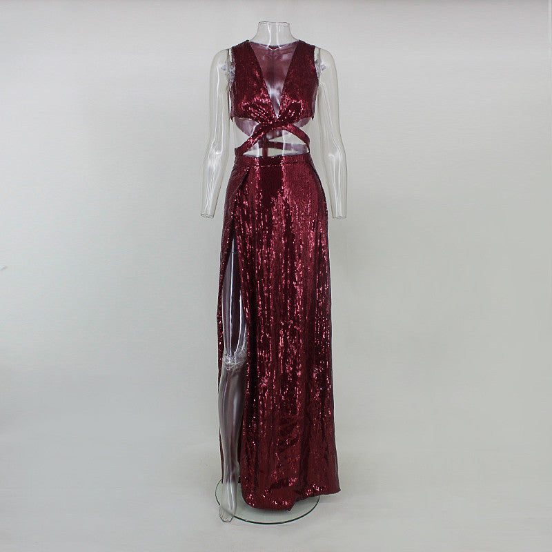 Sequin V Neck Tank Hollow Belly High Split Maxi Dresses