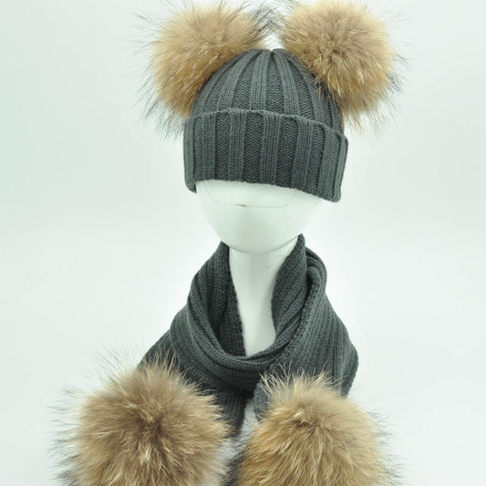 Beanie & Scarf Fur Pompom Sets for Children