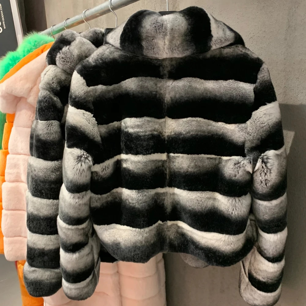 Chinchilla Style Real Rabbit Fur Coat Short