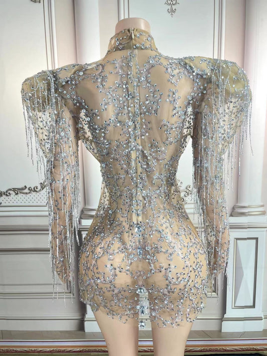 Transparent Rhinestone Big Shoulder Mini Dress