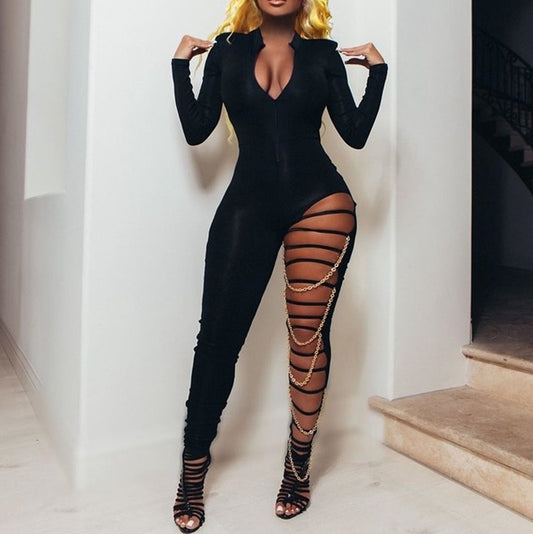 One Leg Hollow Out Chain Jumpsuits