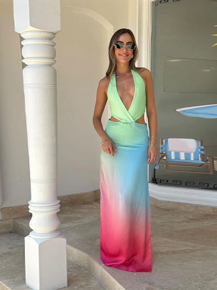 Tie-dye Hollow Backless Maxi Dress