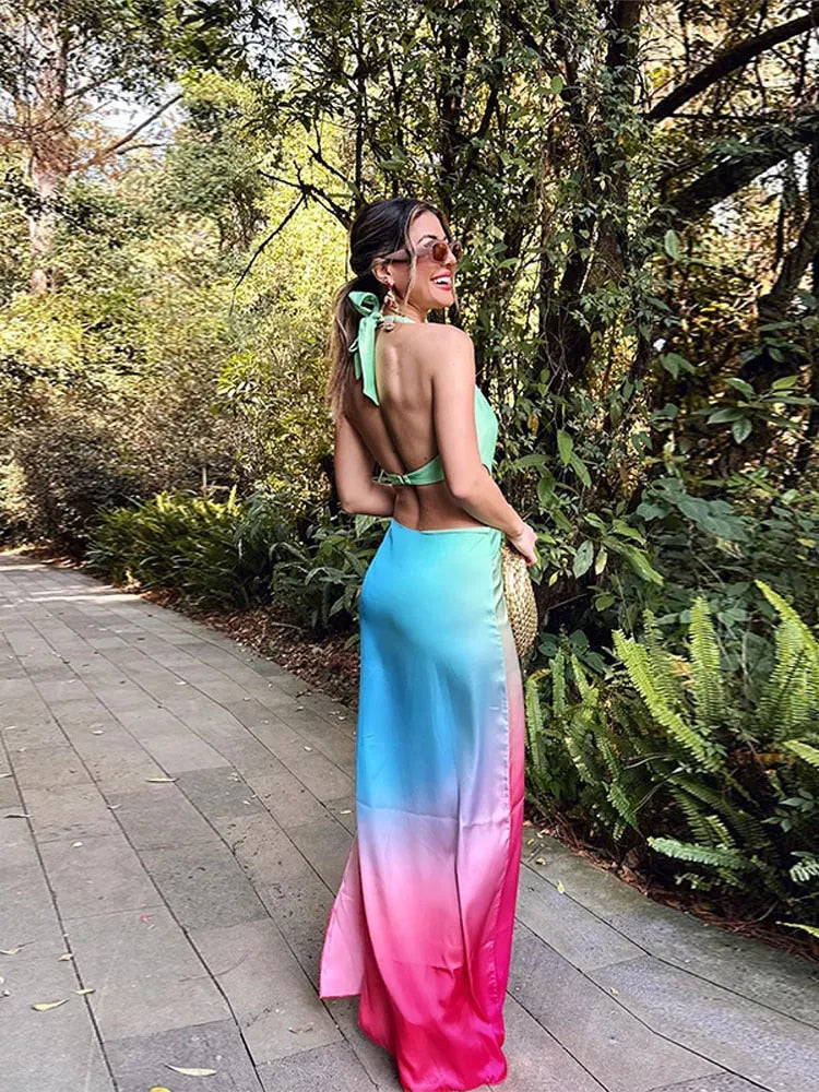 Tie-dye Hollow Backless Maxi Dress