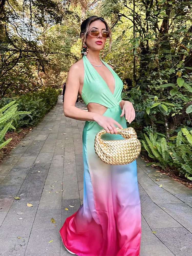Tie-dye Hollow Backless Maxi Dress