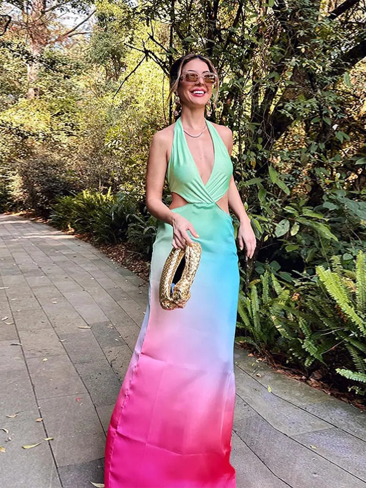 Tie-dye Hollow Backless Maxi Dress