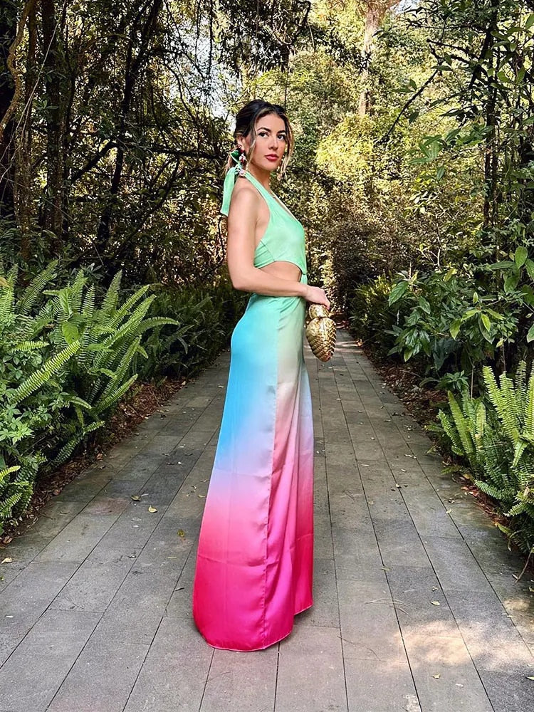 Tie-dye Hollow Backless Maxi Dress