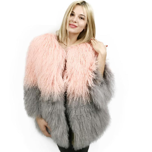 Two Tone Mongolian Sheep Fur Three Quarter Sleeve Coats