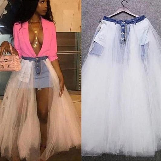Denim Mid Waist Split Gauze Long Tutu Skirt
