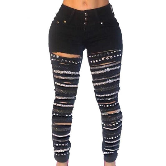 Chain Hole Denim 3 Button High Waist Jeans