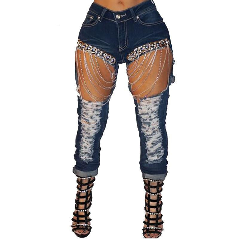 Ripped Large Holes With Chain Streetwear Jeans