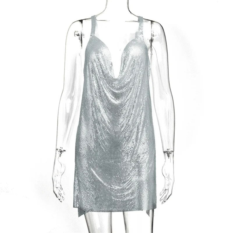 Metallic Chain Halter Metal Backless Mini Dresses