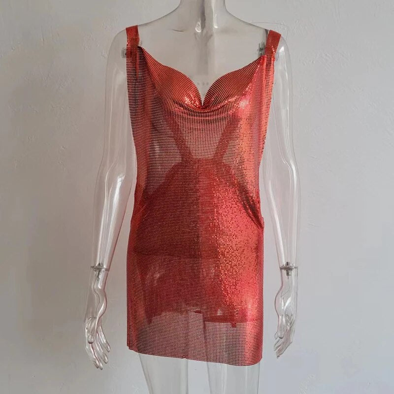 Metallic Chain Halter Metal Backless Mini Dresses