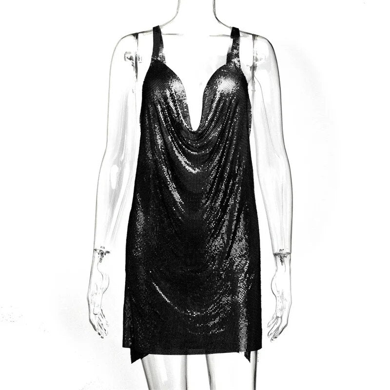 Metallic Chain Halter Metal Backless Mini Dresses