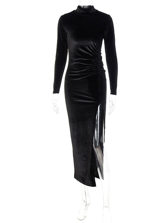 Velvet Long Sleeve Ruched Side Slit Maxi Dress
