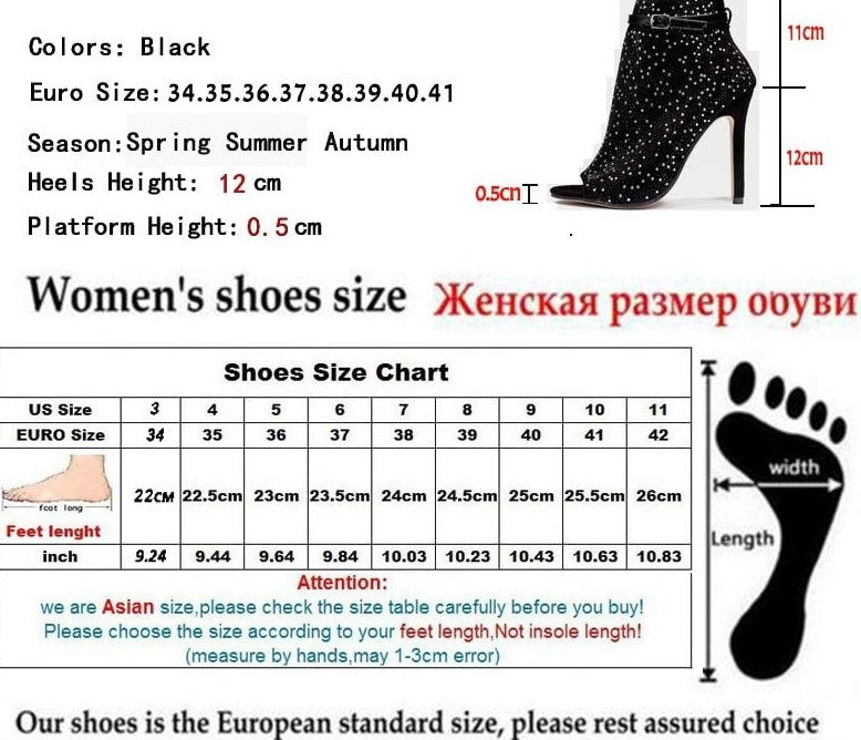 Hollow Half Crystal Peep Toe Ankle Straps Pumps