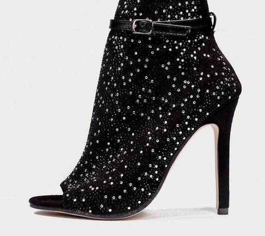 Hollow Half Crystal Peep Toe Ankle Straps Pumps