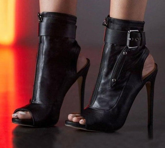 PU Peep Toe Buckle Strap Zip Ankle Stiletto Boots